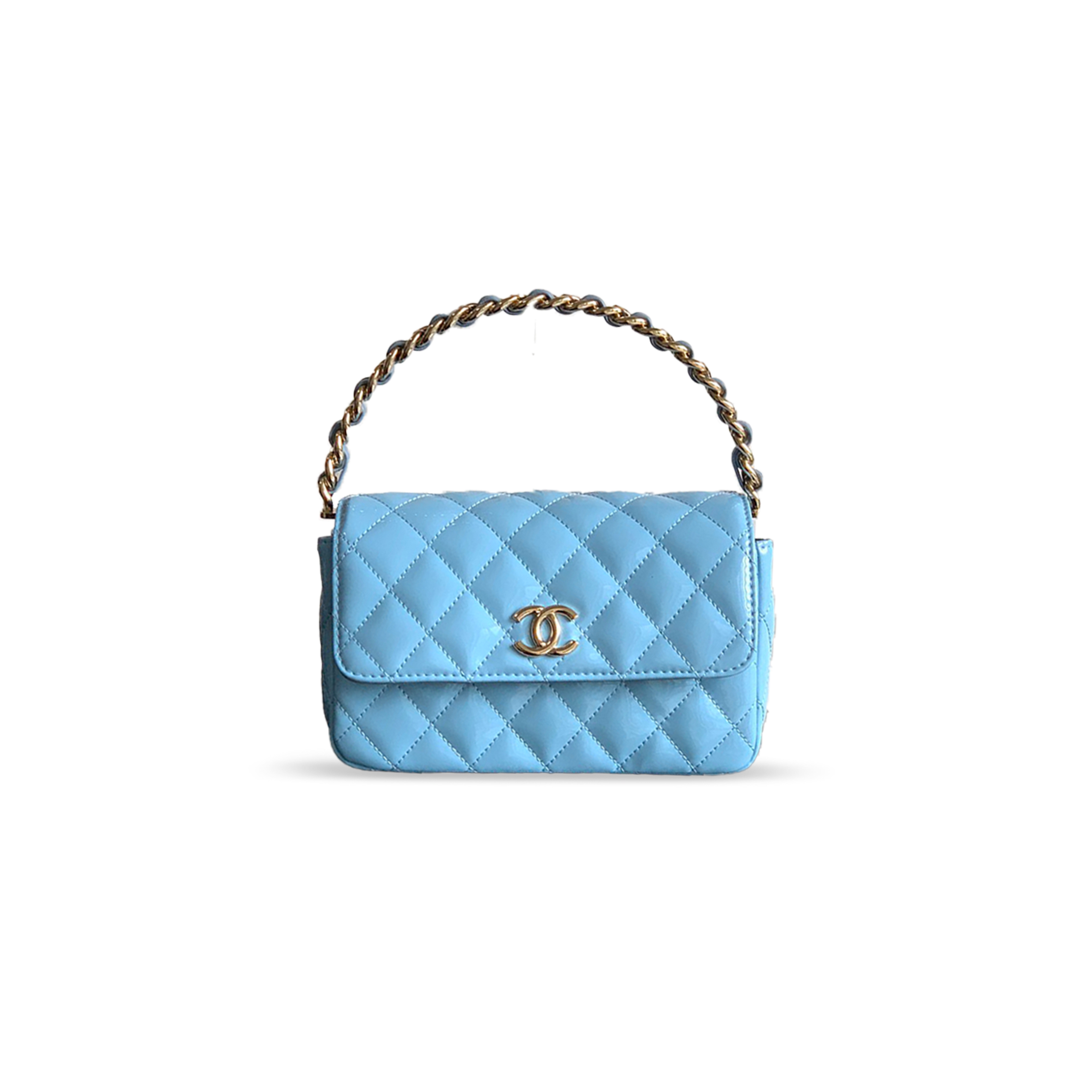 Ch*el handle flap bag patent calfskin & gold metal aqua blue 496585 (18.5*10.5*8cm)